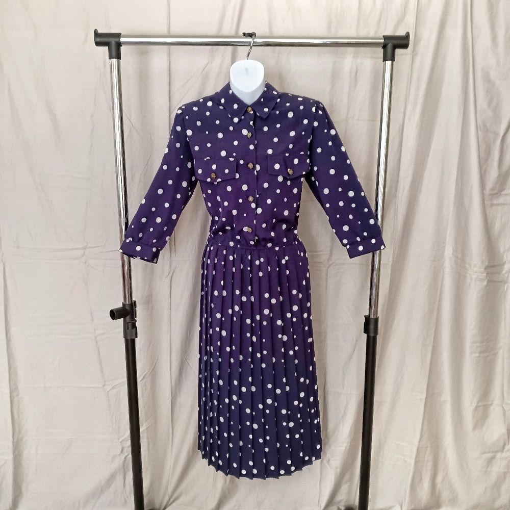 (1975) Blue and White Polka Dot Midi Dress